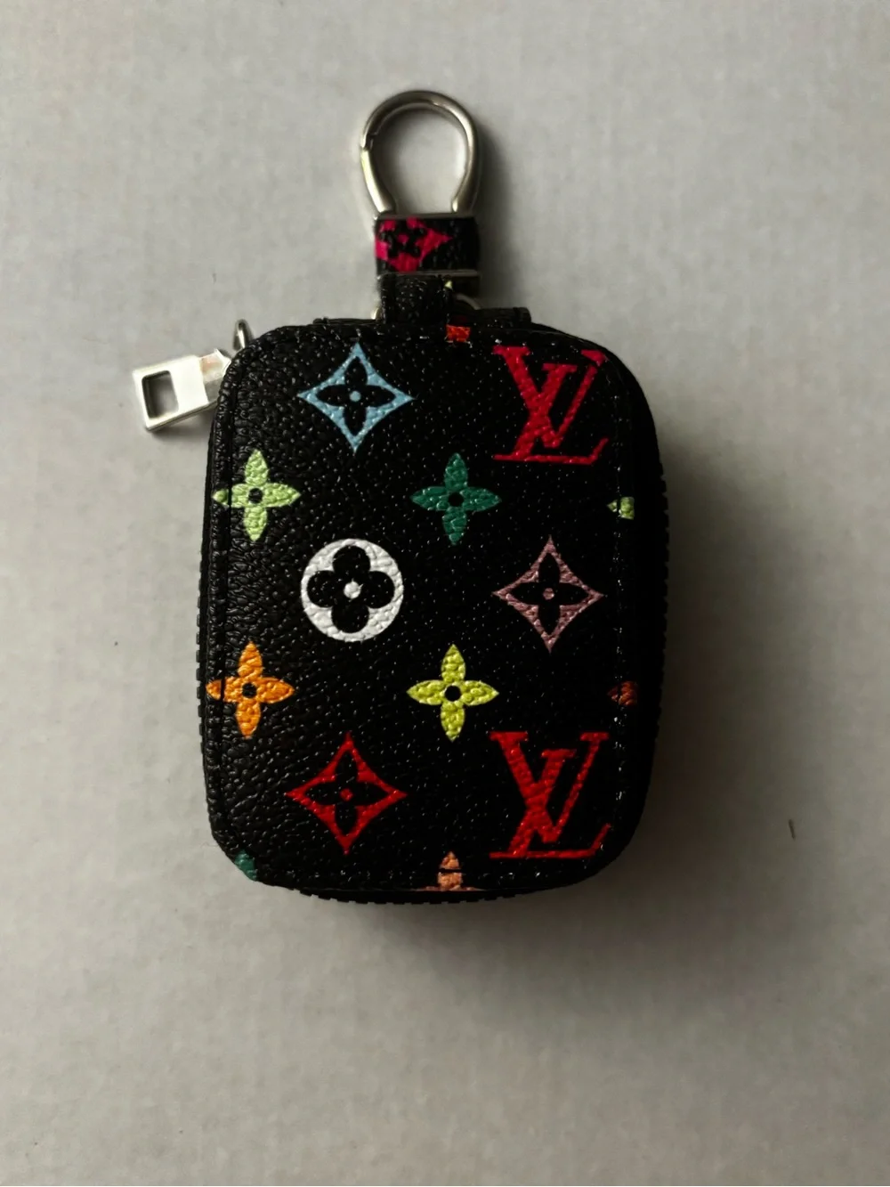 Designer-Inspired Black Multicolor Monogram Key Pouch with Clip